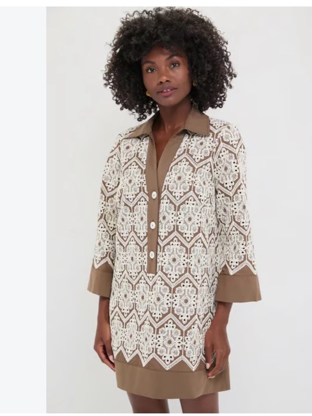 Tuckernuck Brown and Cream Lace-Overlay Tunic